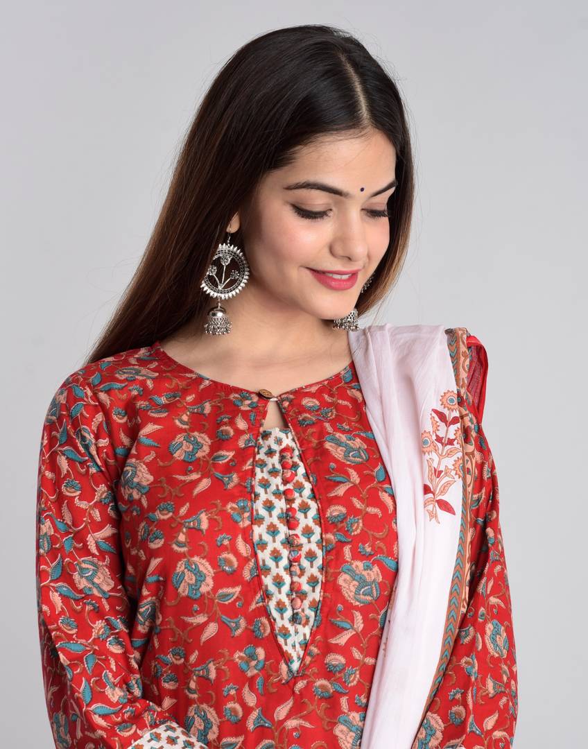 Stylish Red & White Cotton Flora Print Kurta With Pant Set And Dupatta Set